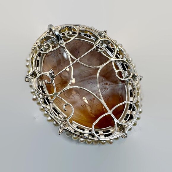 Cameo Sterling Silver Brooch Pendant: Vintage Carved Shell Pearls Smoky Quartz - Picture 5 of 5